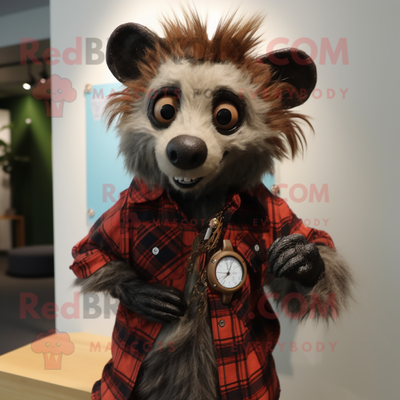 Rust Aye-Aye mascot costume character dressed with a Flannel Shirt and Bracelet watches