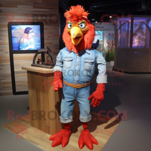 Red Fried Chicken mascot costume character dressed with a Chambray Shirt and Anklets