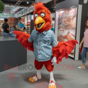 Red Fried Chicken mascot costume character dressed with a Chambray Shirt and Anklets