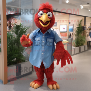 Red Fried Chicken mascot costume character dressed with a Chambray Shirt and Anklets
