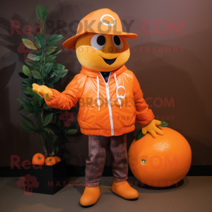 Orange Plum mascot costume character dressed with a Leather Jacket and Hats