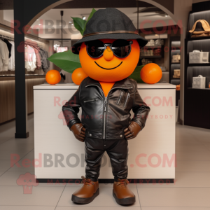 Orange Plum mascot costume character dressed with a Leather Jacket and Hats