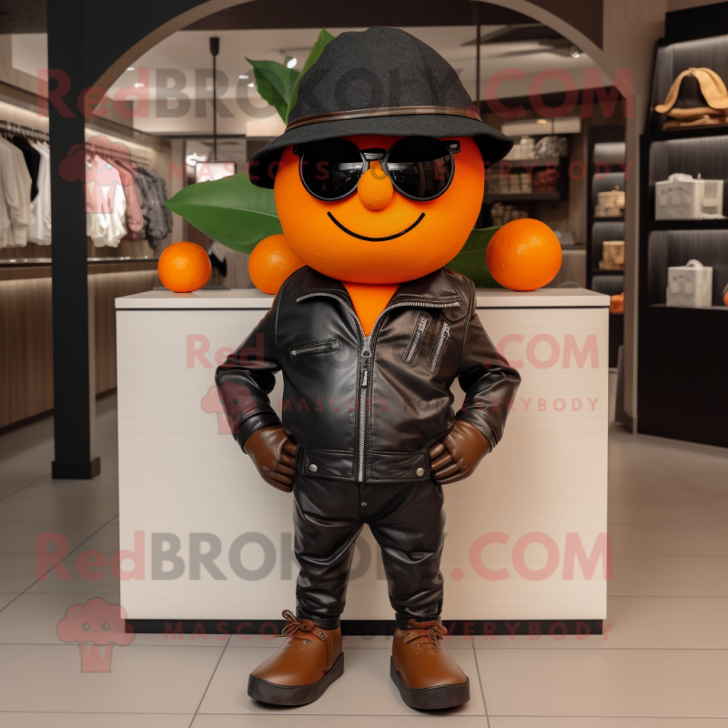 Orange Plum mascot costume character dressed with a Leather Jacket and Hats Orange Plum mascot costume character dressed with a Leather Jacket and Hats