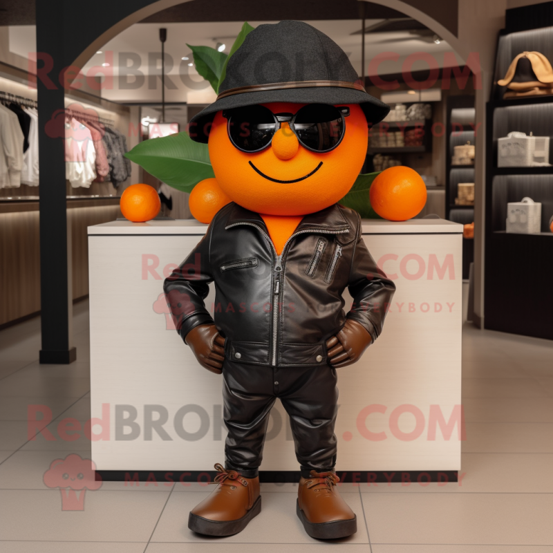 Orange Plum mascot costume character dressed with a Leather Jacket and Hats