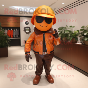 Orange Plum mascot costume character dressed with a Leather Jacket and Hats
