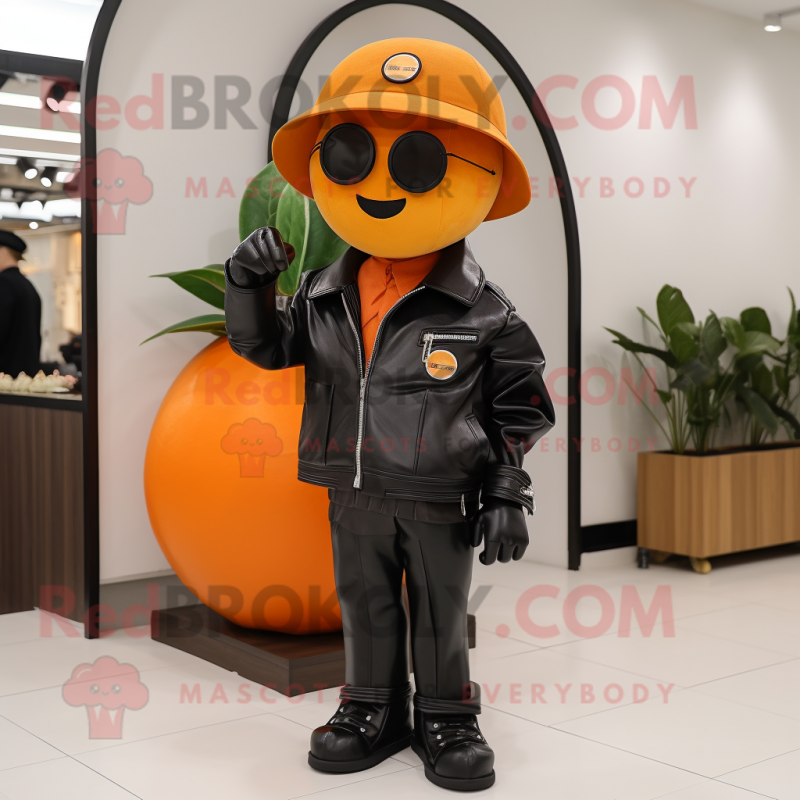 Orange Plum mascot costume character dressed with a Leather Jacket and Hats Orange Plum mascot costume character dressed with a Leather Jacket and Hats