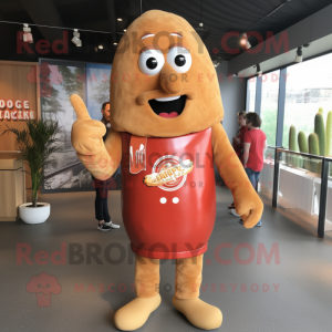 Tan Currywurst mascot costume character dressed with a Rash Guard and Lapel pins