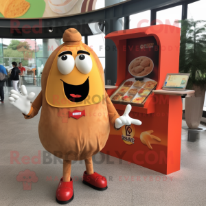 Tan Currywurst mascot costume character dressed with a Rash Guard and Lapel pins