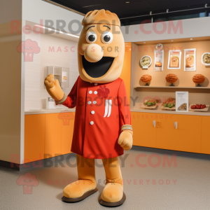 Tan Currywurst mascot costume character dressed with a Rash Guard and Lapel pins