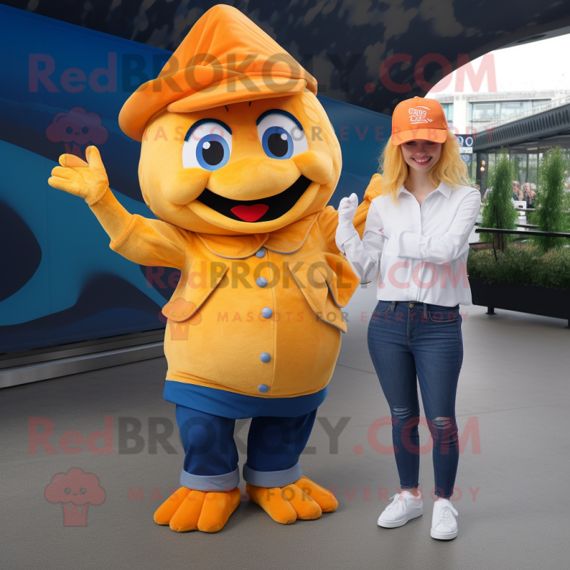 Gold Fish And Chips mascot costume character dressed with a Mom Jeans and Caps