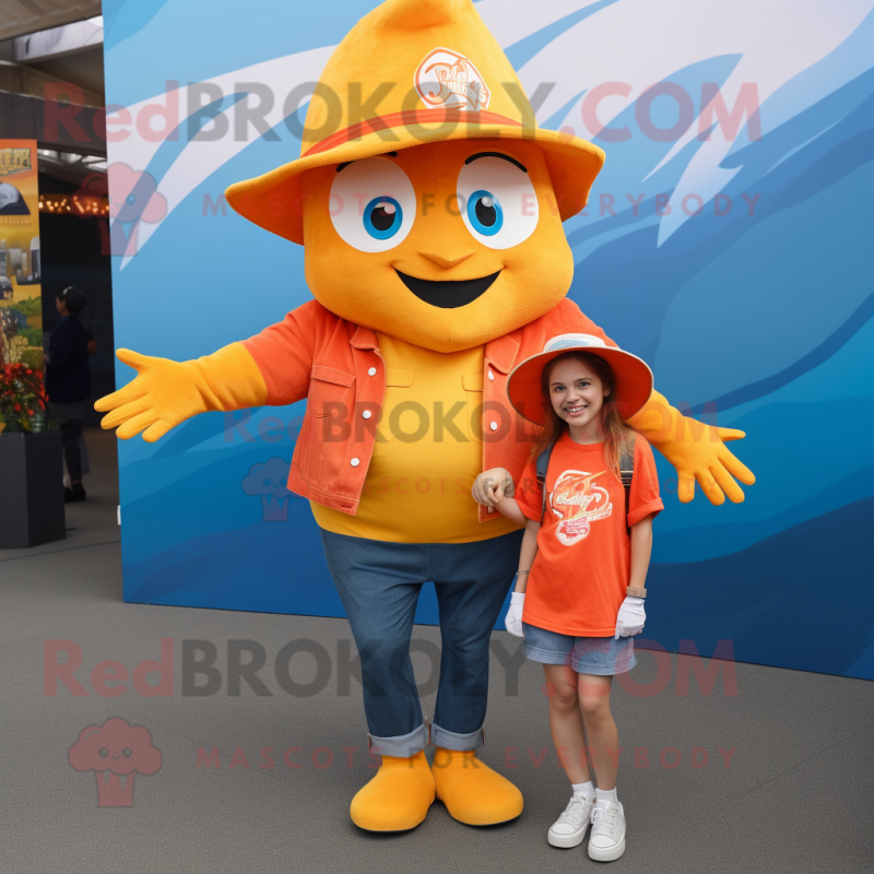 Gold Fish And Chips mascot costume character dressed with a Mom Jeans and Caps Gold Fish And Chips mascot costume character dressed with a Mom Jeans and Caps