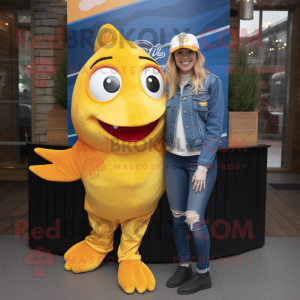 Gold Fish And Chips mascot costume character dressed with a Mom Jeans and Caps