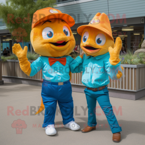 Gold Fish And Chips mascot costume character dressed with a Mom Jeans and Caps