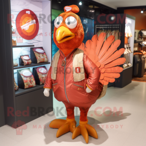 Rust Turkey mascot costume character dressed with a Windbreaker and Coin purses