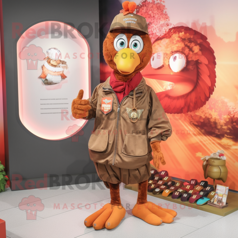 Rust Turkey mascot costume character dressed with a Windbreaker and Coin purses Rust Turkey mascot costume character dressed with a Windbreaker and Coin purses