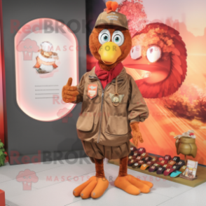 Rust Turkey mascot costume character dressed with a Windbreaker and Coin purses