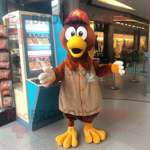 Rust Turkey mascot costume character dressed with a Windbreaker and Coin purses