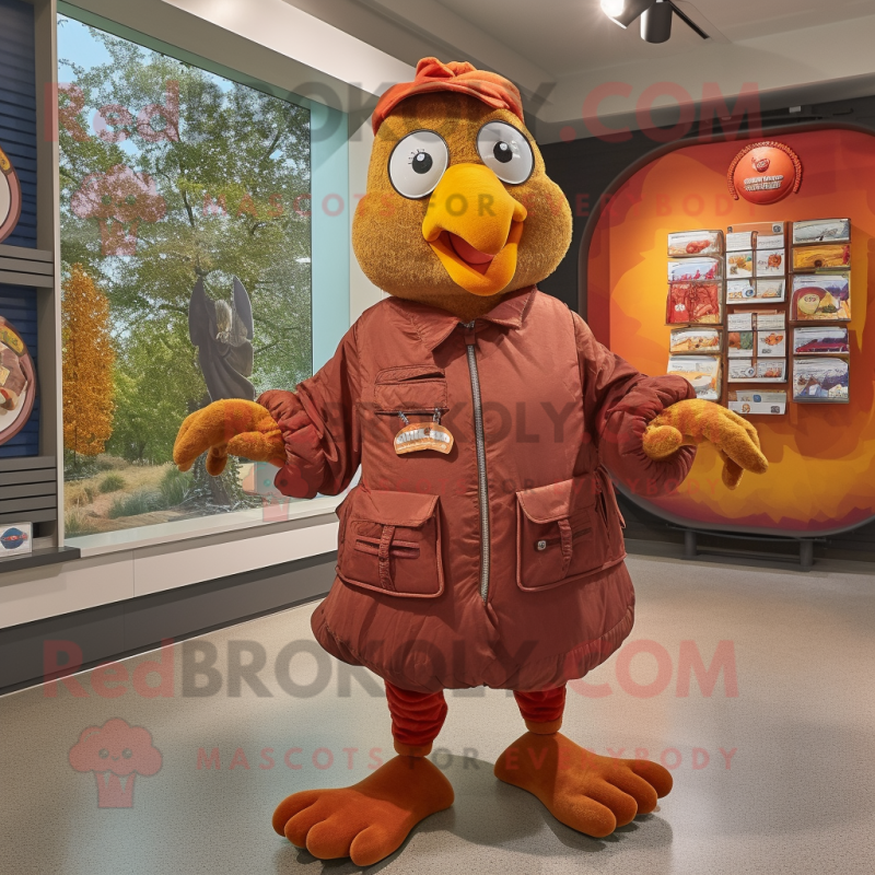 Rust Turkey mascot costume character dressed with a Windbreaker and Coin purses