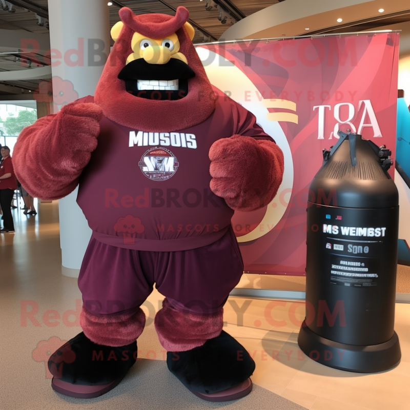 Maroon Strongman mascot costume character dressed with a Cover-up and Watches Maroon Strongman mascot costume character dressed with a Cover-up and Watches