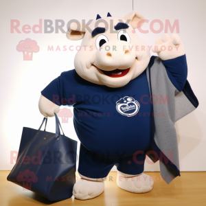 Navy Sow mascot costume character dressed with a Sweater and Tote bags