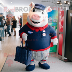 Navy Sow mascot costume character dressed with a Sweater and Tote bags
