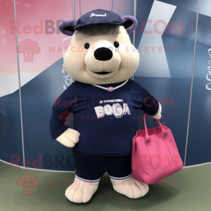 Navy Sow mascot costume character dressed with a Sweater and Tote bags