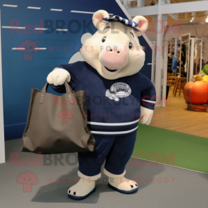 Navy Sow mascot costume character dressed with a Sweater and Tote bags