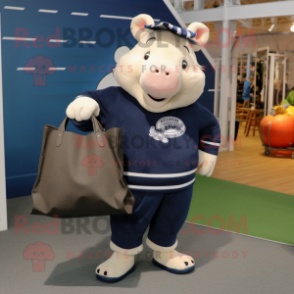 Navy Sow mascot costume character dressed with a Sweater and Tote bags