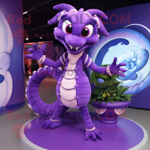 Purple Hydra mascot costume character dressed with a Circle Skirt and Bracelets