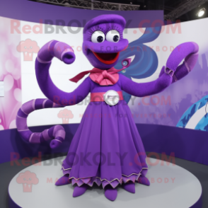 Purple Hydra mascot costume character dressed with a Circle Skirt and Bracelets