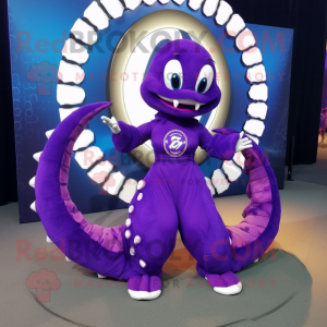 Purple Hydra mascot costume character dressed with a Circle Skirt and Bracelets