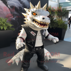 White Stegosaurus mascot costume character dressed with a Biker Jacket and Backpacks