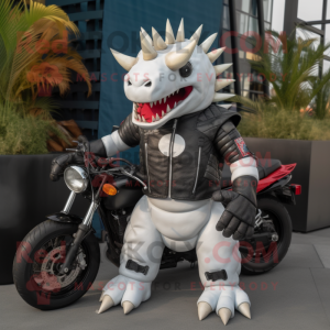 White Stegosaurus mascot costume character dressed with a Biker Jacket and Backpacks