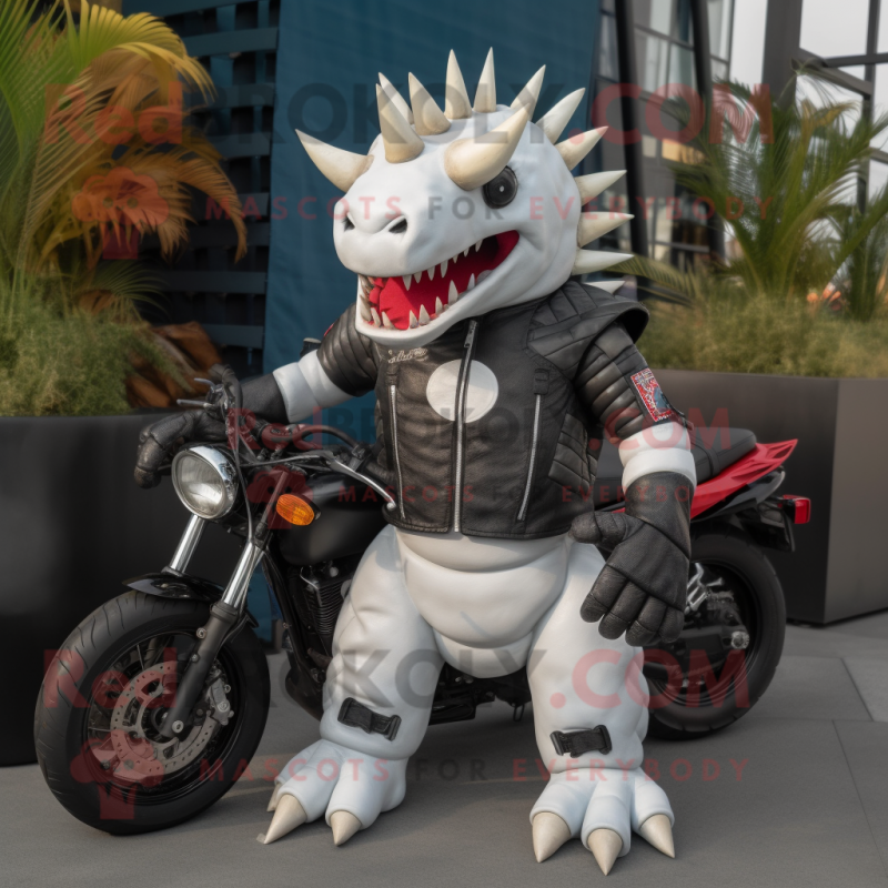 White Stegosaurus mascot costume character dressed with a Biker Jacket and Backpacks White Stegosaurus mascot costume character dressed with a Biker Jacket and Backpacks