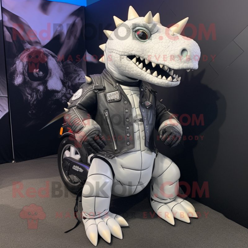 White Stegosaurus mascot costume character dressed with a Biker Jacket and Backpacks