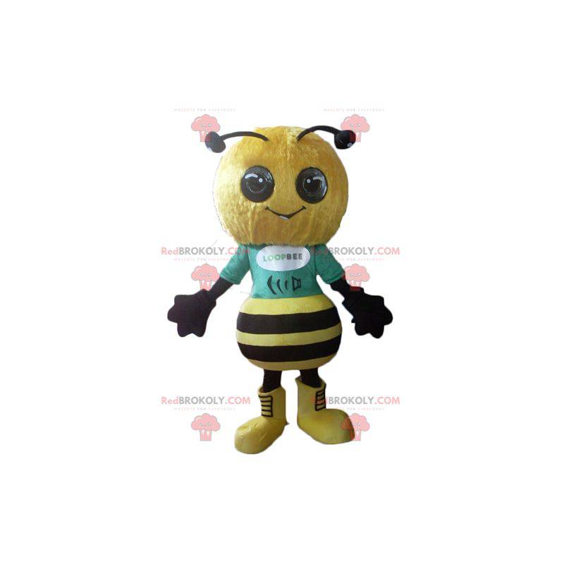 Zeer succesvolle en glimlachende gele en zwarte bijenmascotte -