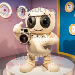 Cream Camera mascot costume character dressed with a Romper and Mittens