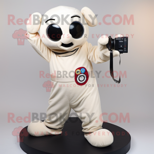 Cream Camera mascot costume character dressed with a Romper and Mittens