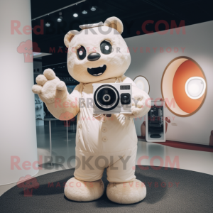 Cream Camera mascot costume character dressed with a Romper and Mittens