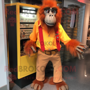 Orange Baboon mascot costume character dressed with a Button-Up Shirt and Wallets