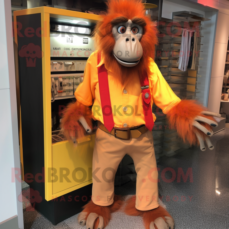 Orange Baboon mascot costume character dressed with a Button-Up Shirt and Wallets Orange Baboon mascot costume character dressed with a Button-Up Shirt and Wallets