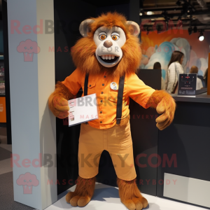 Orange Baboon mascot costume character dressed with a Button-Up Shirt and Wallets