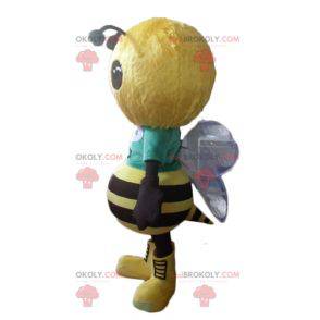 Mascota de abeja amarilla y negra muy exitosa y sonriente -
