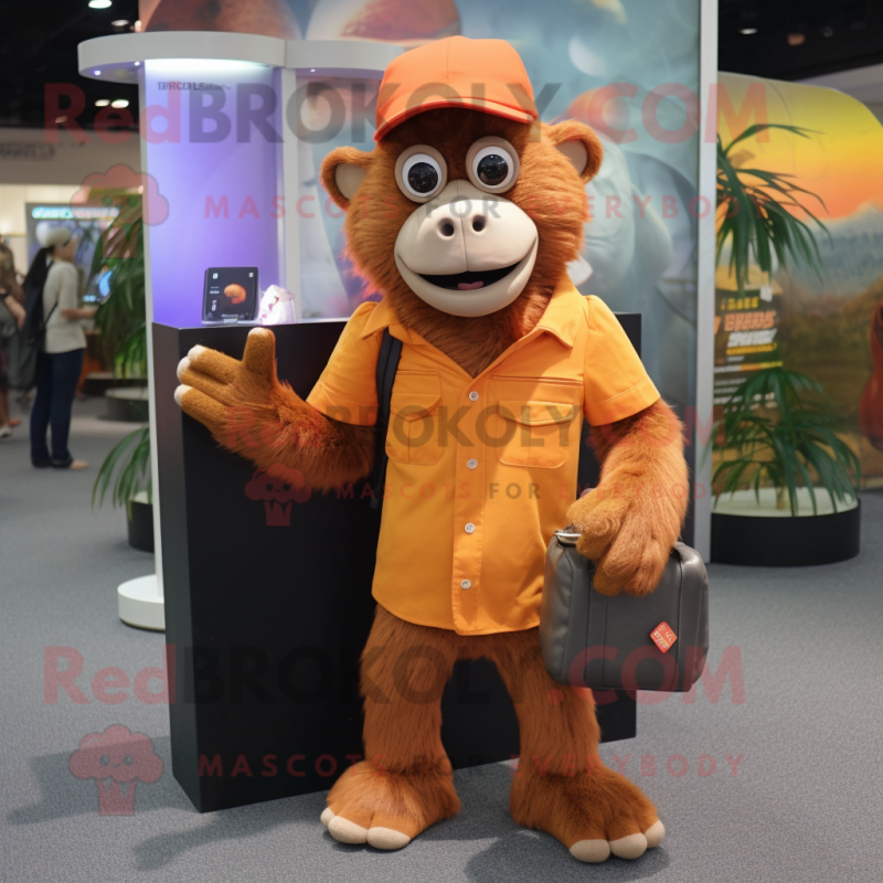 Orange Baboon mascot costume character dressed with a Button-Up Shirt and Wallets