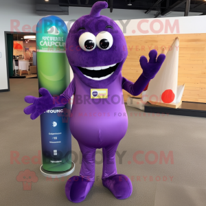 Purple Zucchini mascot costume character dressed with a Rash Guard and Gloves