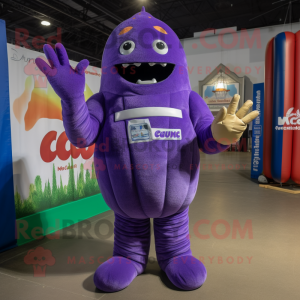 Purple Zucchini mascot costume character dressed with a Rash Guard and Gloves