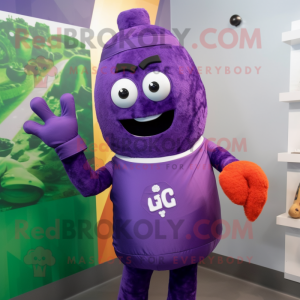 Purple Zucchini mascot costume character dressed with a Rash Guard and Gloves