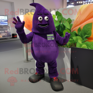 Purple Zucchini mascot costume character dressed with a Rash Guard and Gloves