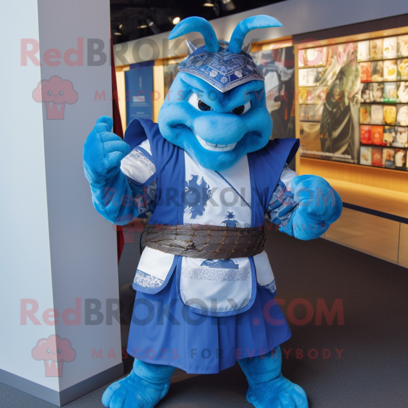 Blue Samurai mascot costume character dressed with a V-Neck Tee and Cummerbunds