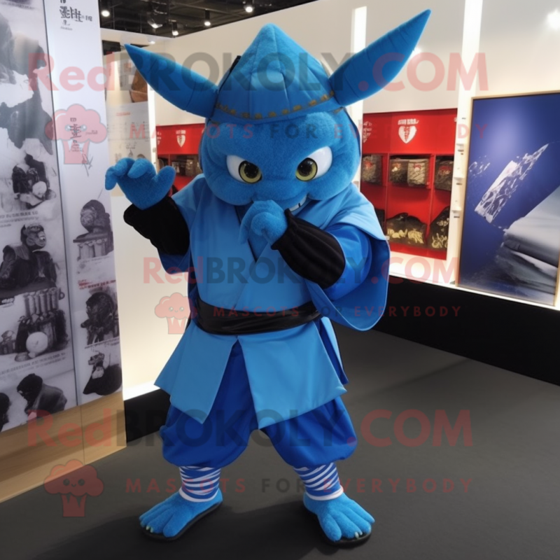 Blue Samurai mascot costume character dressed with a V-Neck Tee and Cummerbunds